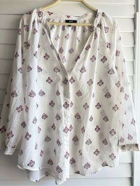 PAIGE Cotton White Floral V-Neck Long-Sleeve Blouse